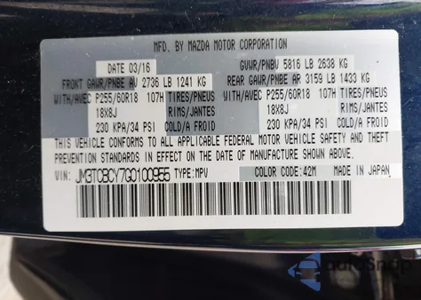 2016 Mazda Cx-9 Touring z USA, uszkodzony, nr VIN JM3TCBCY7G0100955